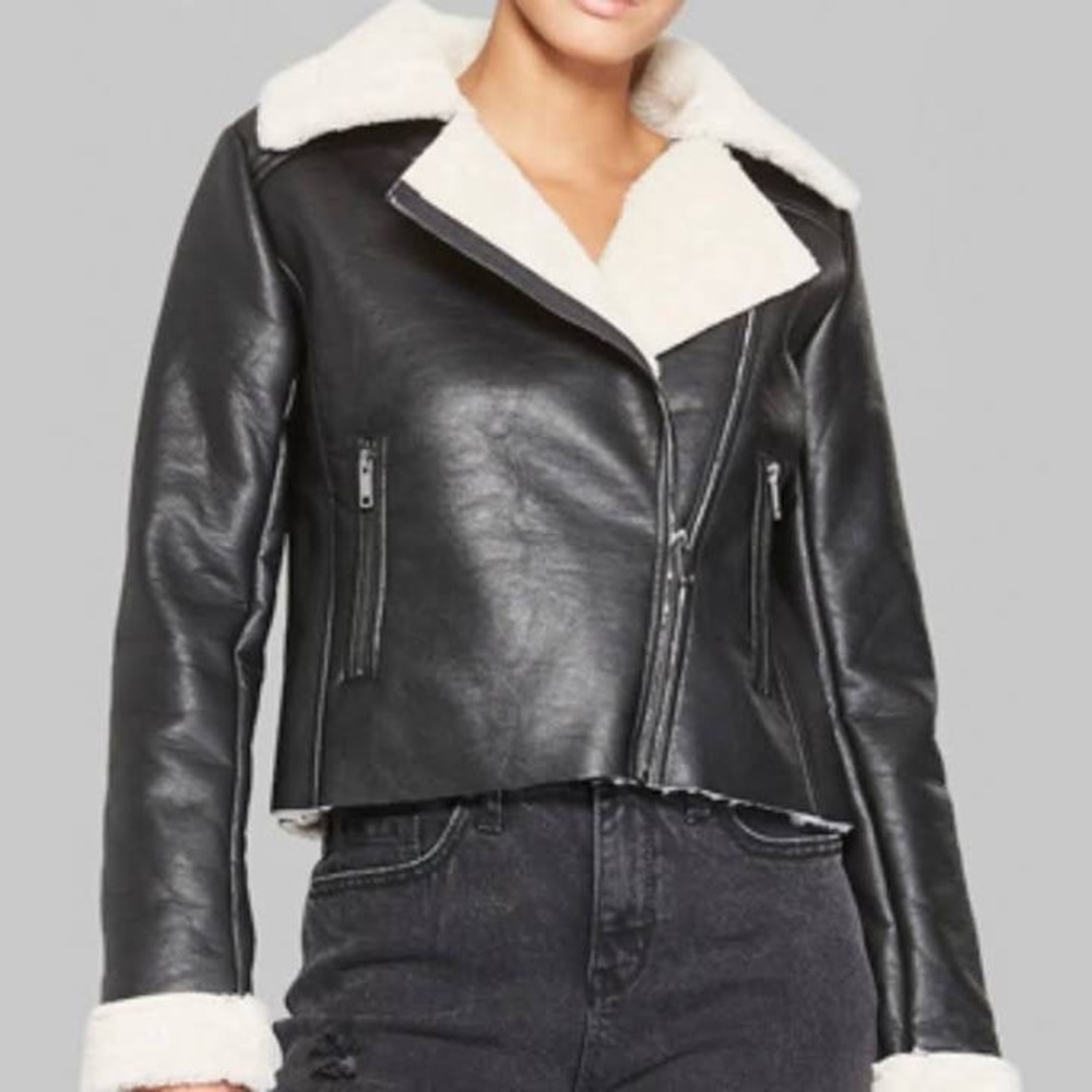 Faux Leather Sherpa Lined Jacket Coat